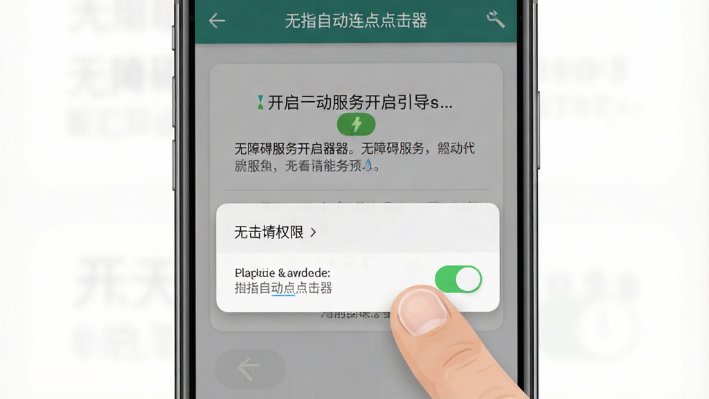 一张展示“无指自动连点点击器”设置界面的图片,画面中手机屏幕显示无障碍服务开启引导页面和悬浮窗权限开关,主体是设置界面与手指点击动作,布局为手机正面特写,风格为清新扁平UI风格,细节上开关按钮带有绿色高亮状态,画质清晰,干净,无多余元素