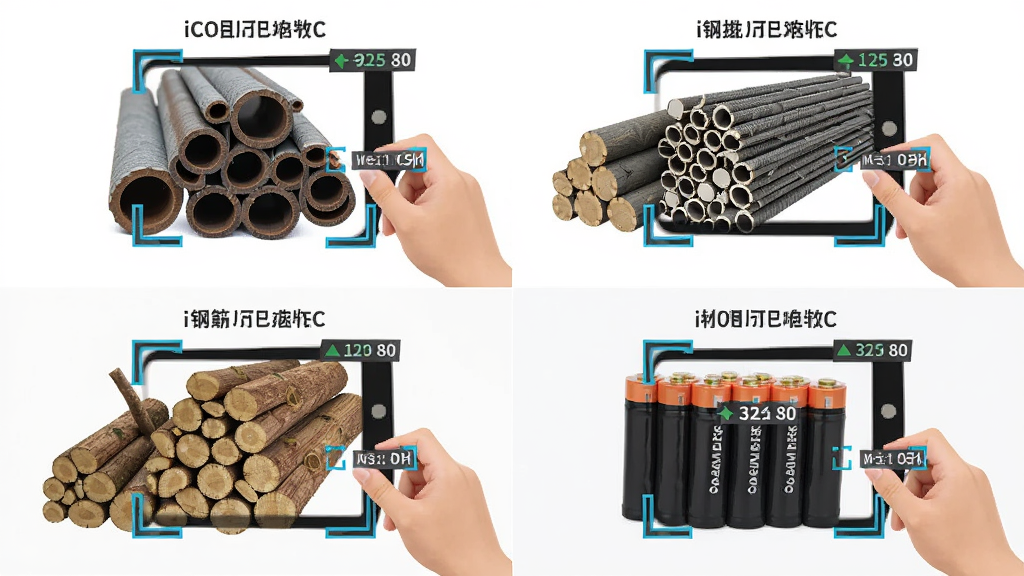 点数相机iCount数钢管多场景应用示意图,画面分为四个区域,分别展示钢管、钢筋、圆木、电池的拍照计数场景,每个区域都有对应的识别框和数量标注,风格为扁平化信息图,细节包含不同材料的纹理特征、识别标记、场景标签,画质高清,干净,无多余元素