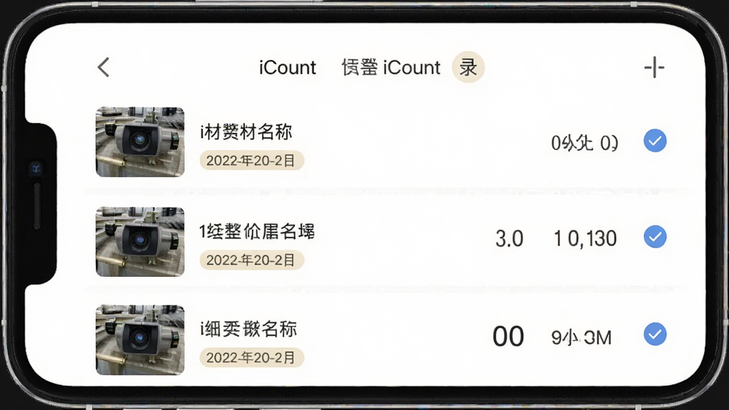 点数相机iCount数钢管历史记录页面展示图,画面展示手机屏幕中按时间排列的计数记录列表,每条记录包含缩略图、材料名称、数量和时间,界面清爽,风格为简约列表式UI,细节包含勾选图标、日期标签、数量数字,画质高清,干净,无多余元素