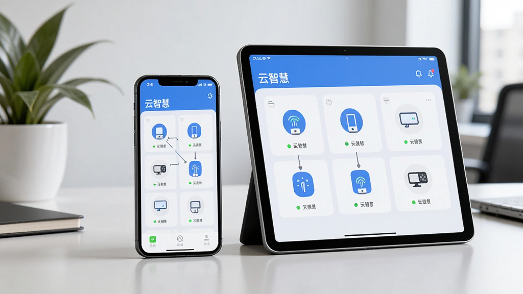 画面主体是一台智能手机与一台平板电脑并排放在桌面上,两台设备屏幕均显示“云智慧”应用界面,界面中展示着多个设备图标与连接状态。背景是简洁的现代办公桌面,有绿植点缀。风格清新商务,画质细腻,无杂乱元素。