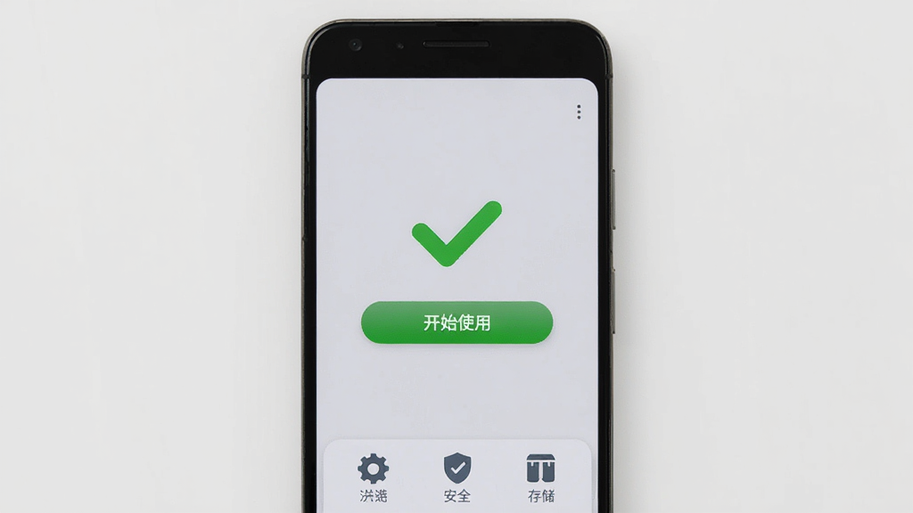 一部安卓手机屏幕显示Bodii安装完成后的欢迎页面,页面中央有绿色对勾图标和“开始使用”按钮,手机下方有设置、安全、存储三个小图标排列,背景为浅灰色,整体风格简洁明了,画质干净,无多余元素。