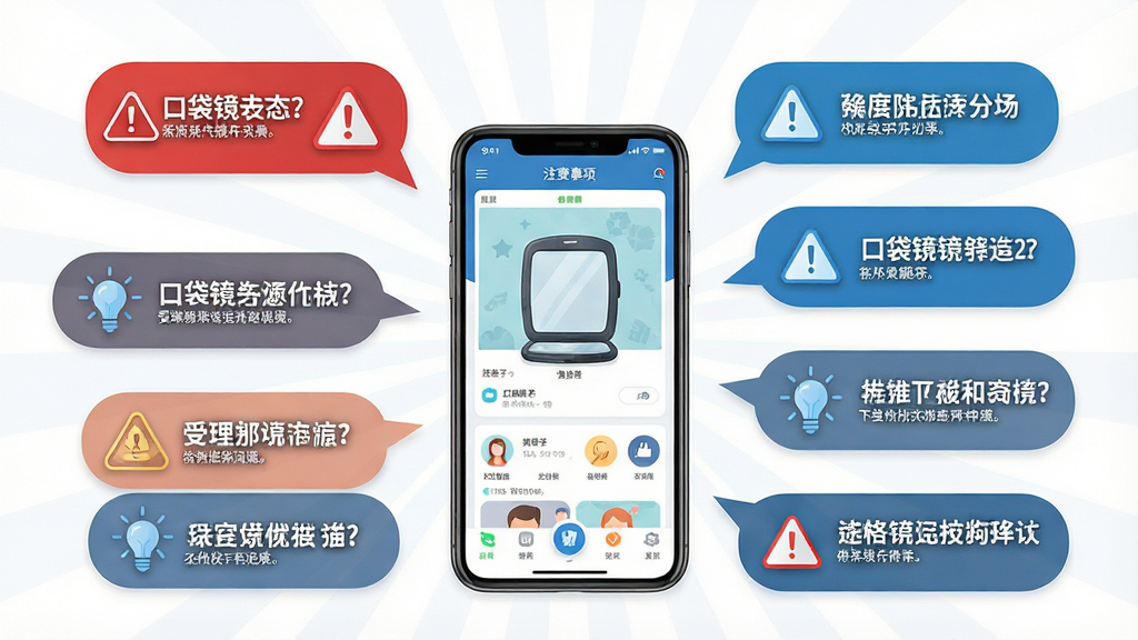 一张展示“口袋镜子”新手使用注意事项的示意图,主体为手机屏幕显示应用界面,周围环绕着警示图标和提示文字气泡,布局为放射状围绕手机,风格为信息图表风,细节包括红色警告标志和蓝色优化灯泡图标,画质为高清,干净清晰