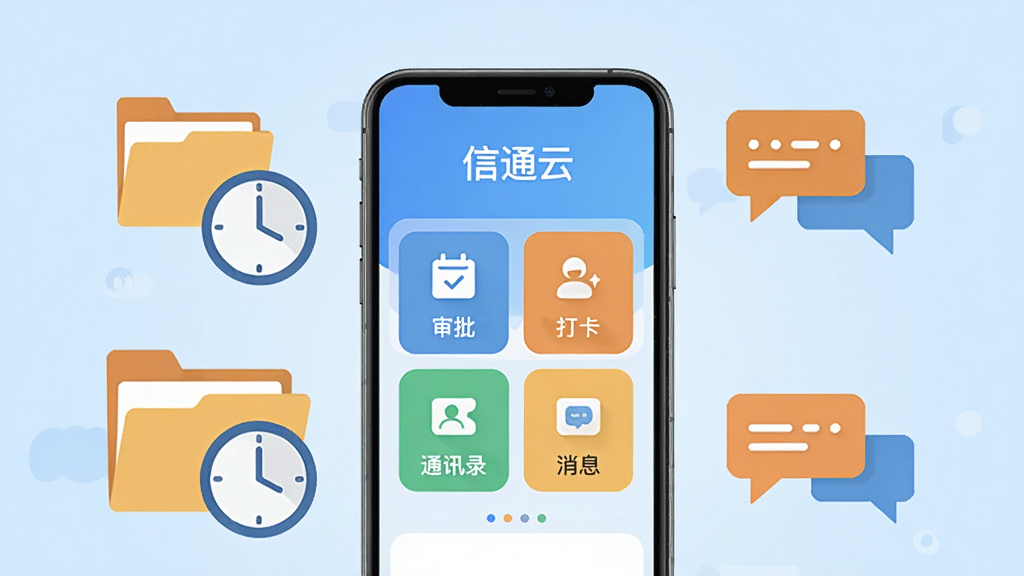 画面中央是一部智能手机,屏幕上显示“信通云”应用主界面,界面包含审批、打卡、通讯录、消息四大模块图标,背景为浅蓝色渐变,手机周围环绕着企业办公场景的扁平化插画元素,如文件夹、时钟、对话气泡,整体风格简洁明快,排版居中,画质清晰,干净无多余元素,无杂乱装饰