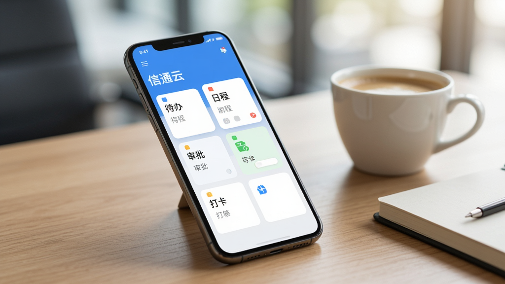 一部智能手机放置在木质桌面上,屏幕显示“信通云”工作台界面,界面中有待办、日程、审批、打卡等卡片式布局,手机旁边放着一杯咖啡和一本笔记本,背景虚化柔和,光线明亮,整体风格商务简约,画质细腻,干净无多余元素