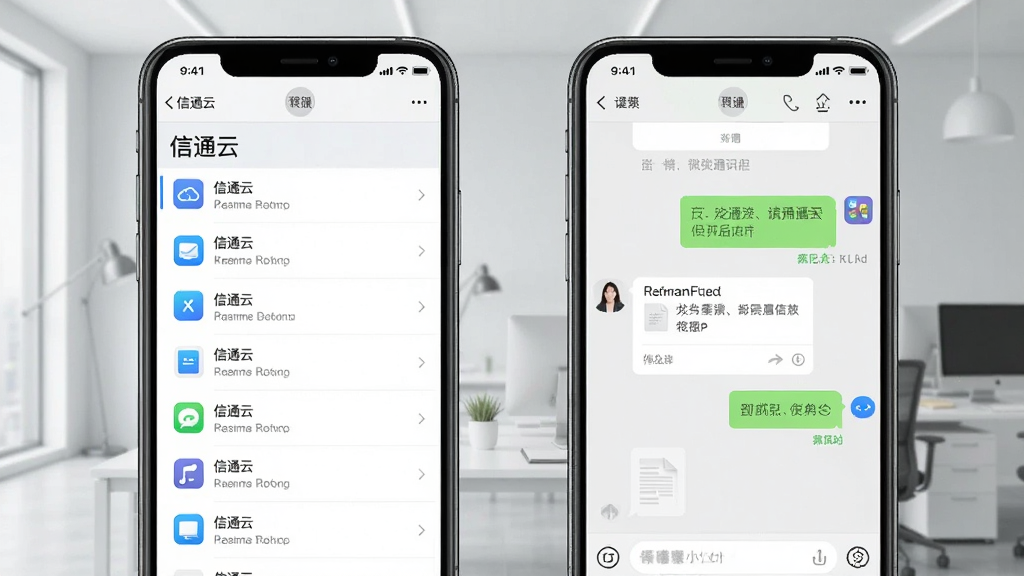 画面展示两个手机屏幕并排,左侧屏幕显示“信通云”组织架构通讯录列表,右侧屏幕显示聊天对话窗口,对话中包含文件传输和已读标记,背景为浅灰色办公环境,风格清爽现代,排版整齐,画质高清,干净无多余元素
