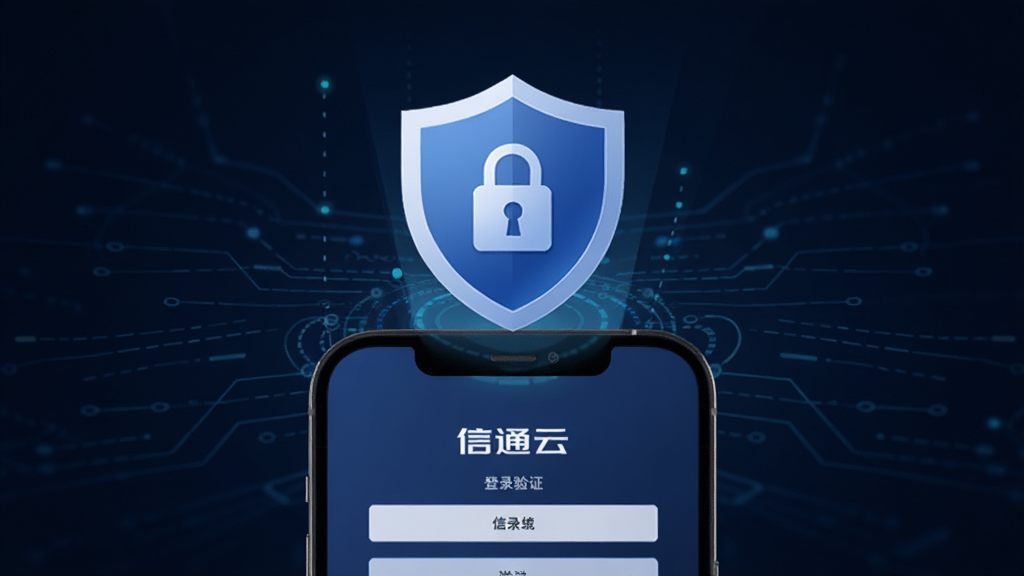 一个盾牌形状的安全图标悬浮在“信通云”手机界面上方,盾牌上有锁形标志,背景为深蓝色科技感线条,手机屏幕显示登录验证界面,整体风格稳重专业,排版居中,画质清晰,干净无多余元素