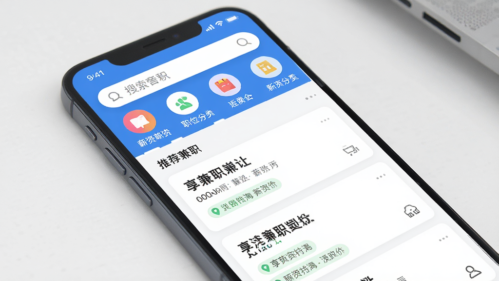 享兼职APP官方正版下载界面展示,主体为一部智能手机屏幕显示享兼职APP首页,布局为上方搜索栏与职位分类图标,中间为推荐兼职岗位列表卡片,排版清晰整洁,风格为现代扁平化设计,细节包含职位名称、薪资待遇、地理位置标签,画质高清,干净,无多余元素