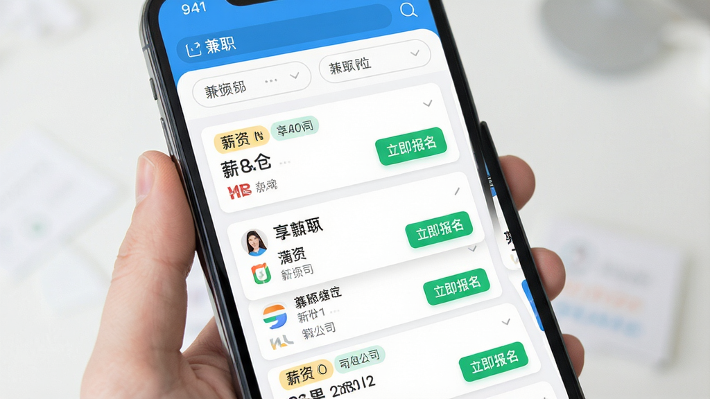享兼职APP海量岗位实时更新功能展示,主体为手机屏幕中显示密集的兼职岗位列表,布局为顶部筛选栏与下方瀑布流职位卡片,排版错落有致,风格为明亮清新的UI界面,细节包含薪资标签、公司Logo、立即报名按钮,画质清晰,干净,无多余元素