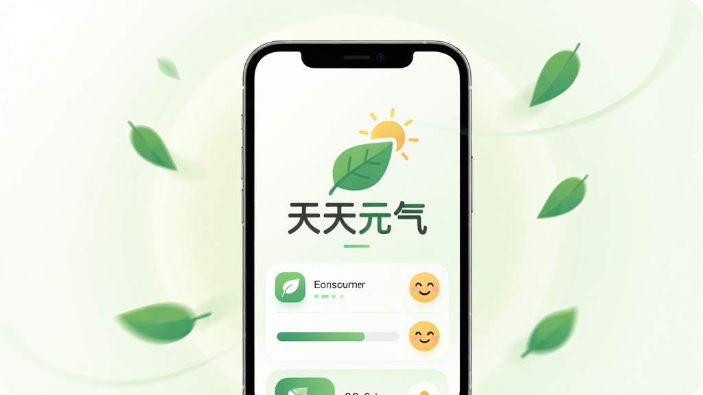 主体为一部智能手机,屏幕上显示清新自然的健康生活应用界面,界面中央有