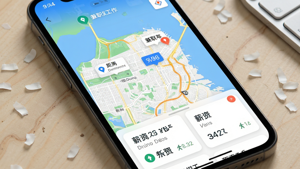 享兼职APP智能定位附近工作功能展示,主体为手机屏幕显示地图界面与周边兼职岗位标记,布局为地图占据主要区域、底部弹出职位简要卡片,排版直观,风格为科技感与生活化结合,细节包含距离显示、步行导航图标、薪资预览,画质高清,干净,无多余元素