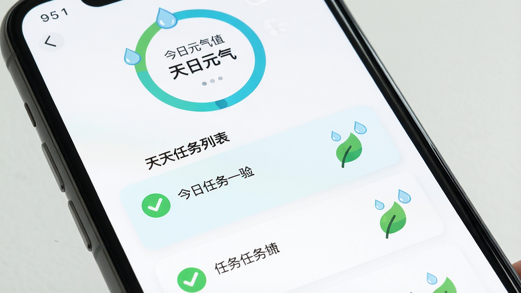 主体为手机屏幕特写,显示天天元气每日任务列表界面,布局为上下结构,顶部是今日元气值进度环,中间是任务卡片列表,排版整齐清晰,风格为清新扁平化UI设计,细节包含勾选图标、小水滴、树叶装饰,画质高清,干净,无多余元素