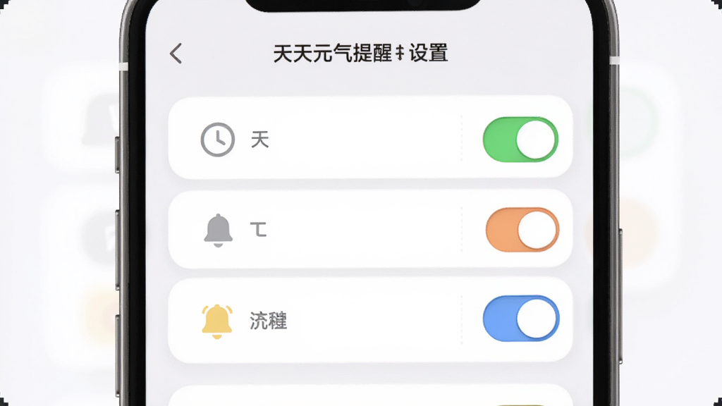 主体为手机界面展示天天元气提醒设置页面,布局为左侧选项列表右侧开关按钮,排版简洁对称,风格为柔和圆角卡片式设计,细节包含时钟图标、铃铛图标、彩色开关,画质高清,干净,无多余元素