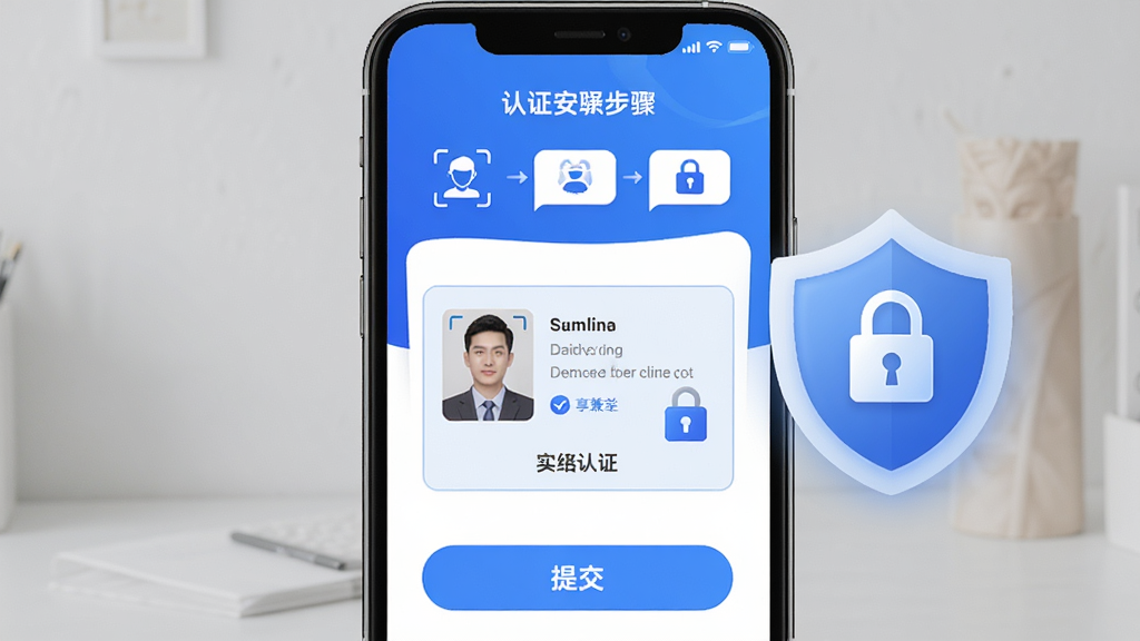 享兼职APP实名认证安全保障功能展示,主体为手机屏幕显示实名认证页面与安全盾牌图标,布局为上方认证步骤提示、中间身份证上传区域、下方提交按钮,排版简洁明了,风格为安全可信的蓝色调,细节包含人脸识别图标、加密锁标识,画质清晰,干净,无多余元素