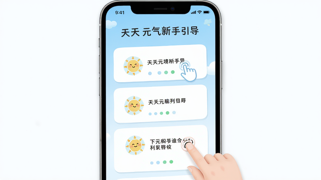 主体为手机屏幕展示天天元气新手引导页面,布局为居中卡片式步骤提示,排版清晰,风格为清新插画风,细节包含手指点击图标、进度圆点、微笑太阳,画质高清,干净,无多余元素
