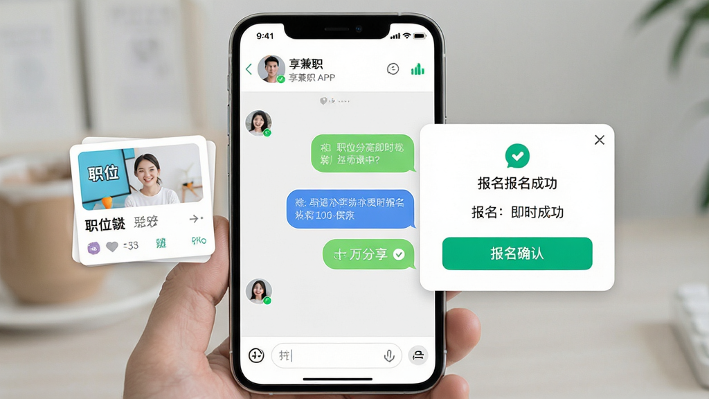 享兼职APP在线沟通即时报名功能展示,主体为手机屏幕显示聊天对话界面与报名成功弹窗,布局为上方联系人信息、中间对话气泡、底部输入框,排版清晰,风格为轻快活泼的社交UI,细节包含职位卡片分享、报名确认按钮,画质高清,干净,无多余元素