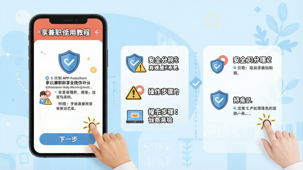 享兼职APP新手使用教程示意图,主体为手机屏幕显示安全提示与操作步骤引导页,布局为分步骤图文说明、顶部标题栏、底部下一步按钮,排版条理清晰,风格为友好亲切的插画风,细节包含盾牌、警示标志、手指点击引导,画质高清,干净,无多余元素