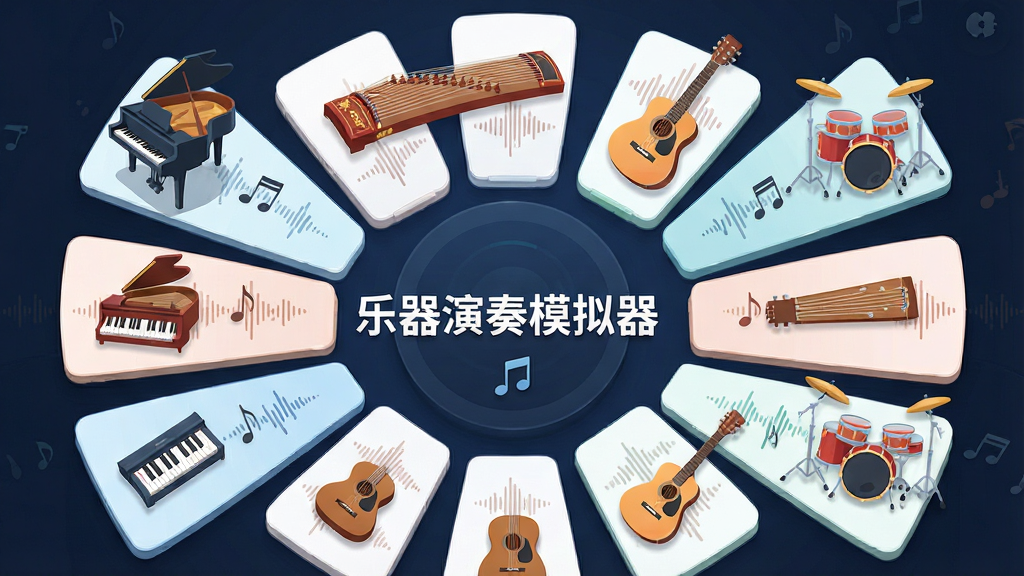 乐器演奏模拟器界面中展示多种乐器图标环绕排列,钢琴、古筝、吉他与架子鼓以立体卡片形式呈现,中心是软件名称“乐器演奏模拟器”,布局为环形放射状,风格为扁平化设计,细节包含音符与声波纹理,画质高清,干净,无多余元素
