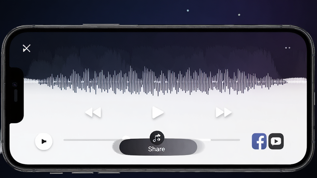 乐器演奏模拟器录音分享界面,手机屏幕显示声波波形与分享按钮,背景是深色渐变,布局为上下结构,风格为现代简约,细节包含播放控制图标与社交平台标识,画质高清,干净,无多余元素