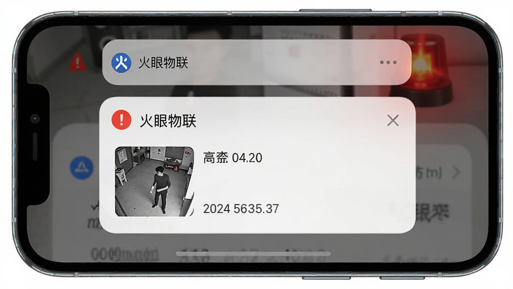 主体为一个手机通知栏弹出“火眼物联”告警消息的界面,布局为手机屏幕正视图,排版突显告警弹窗,风格为写实UI风格,细节上弹窗内包含抓拍缩略图与时间信息,背景带有轻微的紧急感红色调点缀,画质清晰,干净,无多余元素