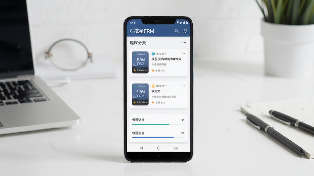 揽星FRM软件主界面展示,手机屏幕中清晰显示题库分类与做题进度,背景为简洁的学习桌面,主体为一部安卓手机,布局居中,排版整齐,风格现代简约,细节包含题目卡片与进度条,画质清晰,干净,无多余元素