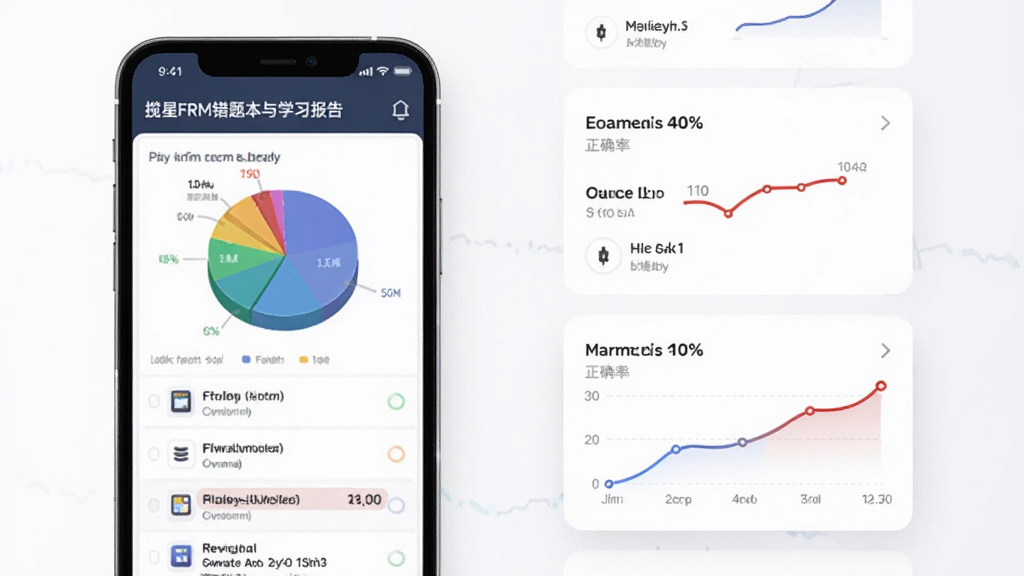 揽星FRM错题本与学习报告界面,手机屏幕展示饼状图与正确率曲线,主体为手机与数据图表,布局左侧手机右侧数据卡片,排版清晰,风格商务简洁,细节包含错题列表与红色标记,画质清晰,干净,无多余元素