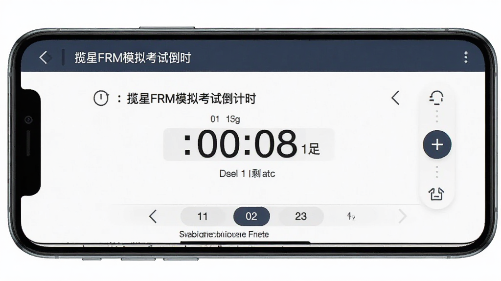 揽星FRM模拟考试倒计时界面,手机横屏显示考试题目与剩余时间,主体为手机屏幕,布局居中,排版简洁,风格严肃专注,细节包含计时器与题号导航,画质清晰,干净,无多余元素