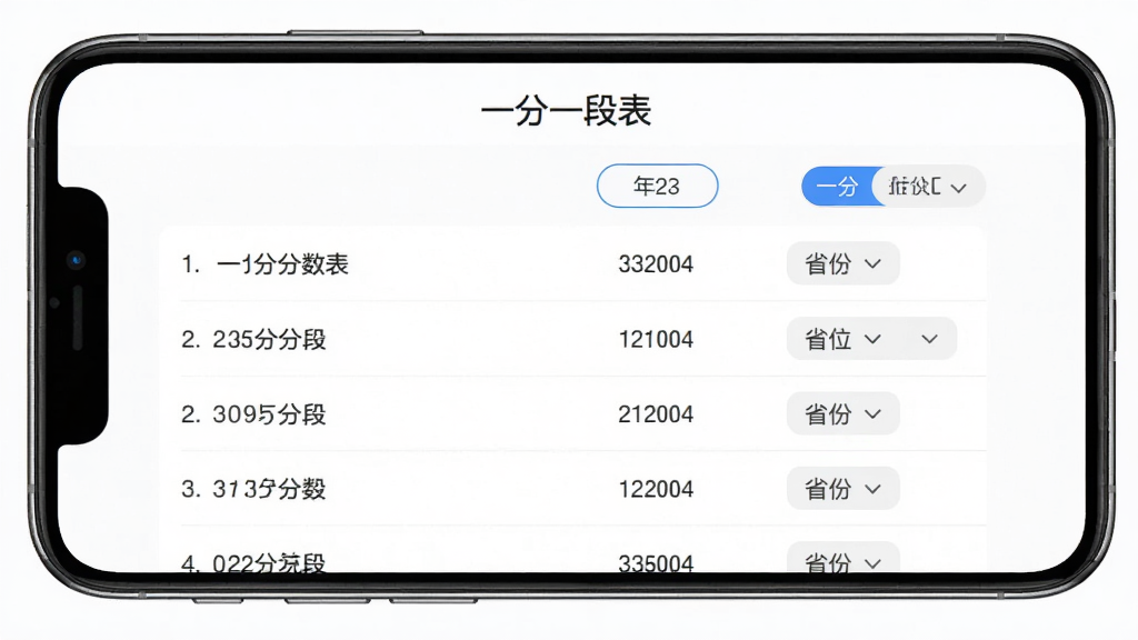 一分一段表软件主界面预览图,主体为手机屏幕显示高考分数段排名查询界面,布局居中展示数据列表与年份切换按钮,排版清晰整洁,风格简约现代,细节包含分数段数字、位次排名、省份选择标签,画质高清干净无多余元素,屏幕中显示文字“一分一段表”