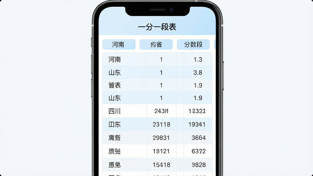 一分一段表多省份数据切换界面,主体为手机屏幕展示省份选择列表与分数段数据表格,布局分上下结构上方为省份标签下方为数据列表,排版整齐有序,风格清新浅色,细节包含河南、山东、四川等省份名称与对应分数段数字,画质高清干净无多余元素,屏幕中显示文字“一分一段表”