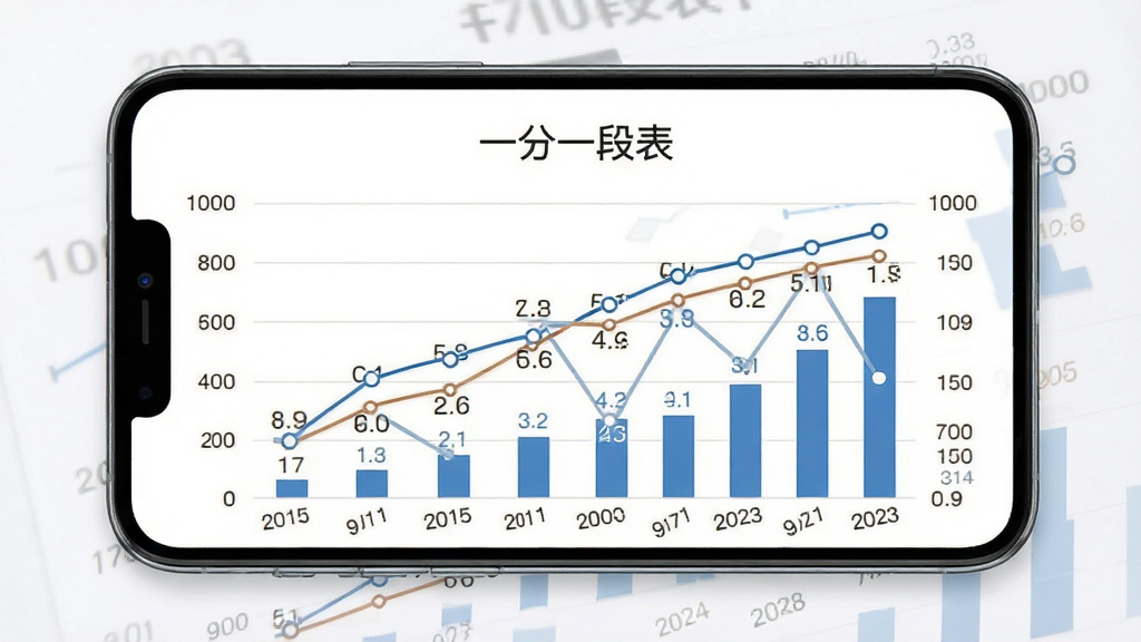 一分一段表历年数据对比图表界面,主体为手机屏幕显示折线图与柱状图组合,布局居中展示年份对比趋势,排版清晰直观,风格商务简约,细节包含年份标签、分数段曲线、位次数字,画质高清干净无多余元素,屏幕中显示文字“一分一段表”