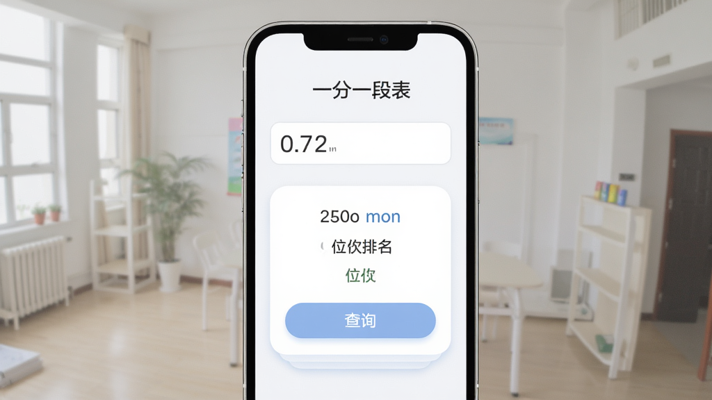 一分一段表快速位次查询功能展示图,主体为手机屏幕显示分数输入框与查询结果卡片,布局居中展示输入与输出区域,排版简洁明了,风格柔和圆角,细节包含分数数字、位次排名、查询按钮,画质高清干净无多余元素,屏幕中显示文字“一分一段表”