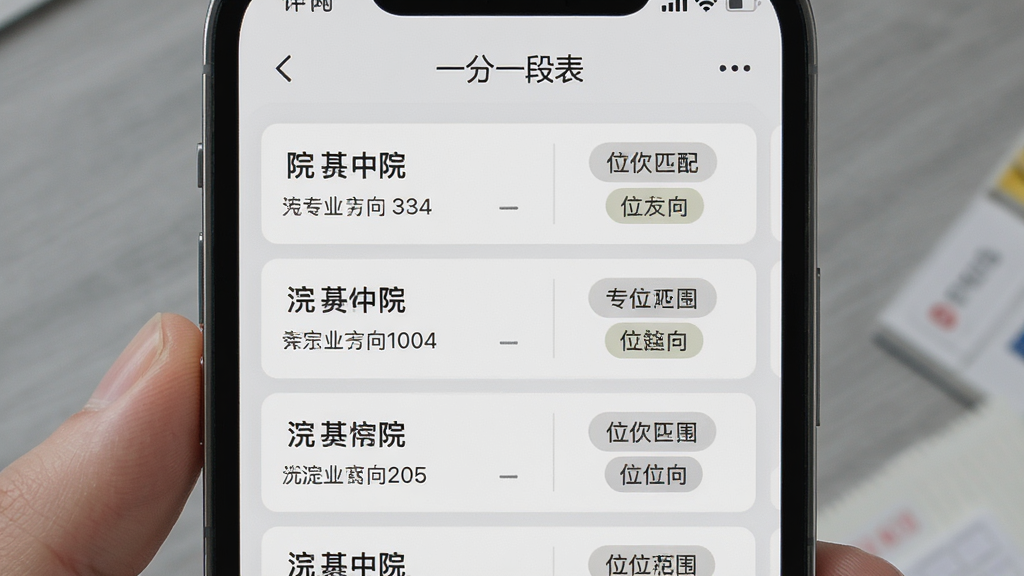 一分一段表志愿填报参考界面,主体为手机屏幕展示院校推荐列表与位次匹配标签,布局分栏展示院校名称与对应位次区间,排版清晰规整,风格浅灰质感,细节包含院校名称、专业方向、位次范围数字,画质高清干净无多余元素,屏幕中显示文字“一分一段表”