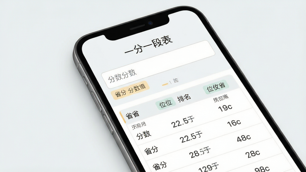 一分一段表移动端操作界面示意图,主体为手机屏幕展示分数查询与数据列表,布局分上下区域上方为输入框下方为数据表格,排版简洁清晰,风格清爽素雅,细节包含分数数字、位次排名、省份标签,画质高清干净无多余元素,屏幕中显示文字“一分一段表”