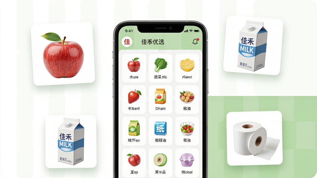 佳禾优选商品分类页面示意图,画面以智能手机屏幕为主体,屏幕内展示整齐排列的网格状商品分类图标,包括水果、蔬菜、粮油、纸品等。手机周围漂浮着放大的商品小图,如苹果、牛奶盒、纸巾卷。背景为白色与淡绿色拼接,风格简约明快,细节精致,画质清晰,无杂乱元素。