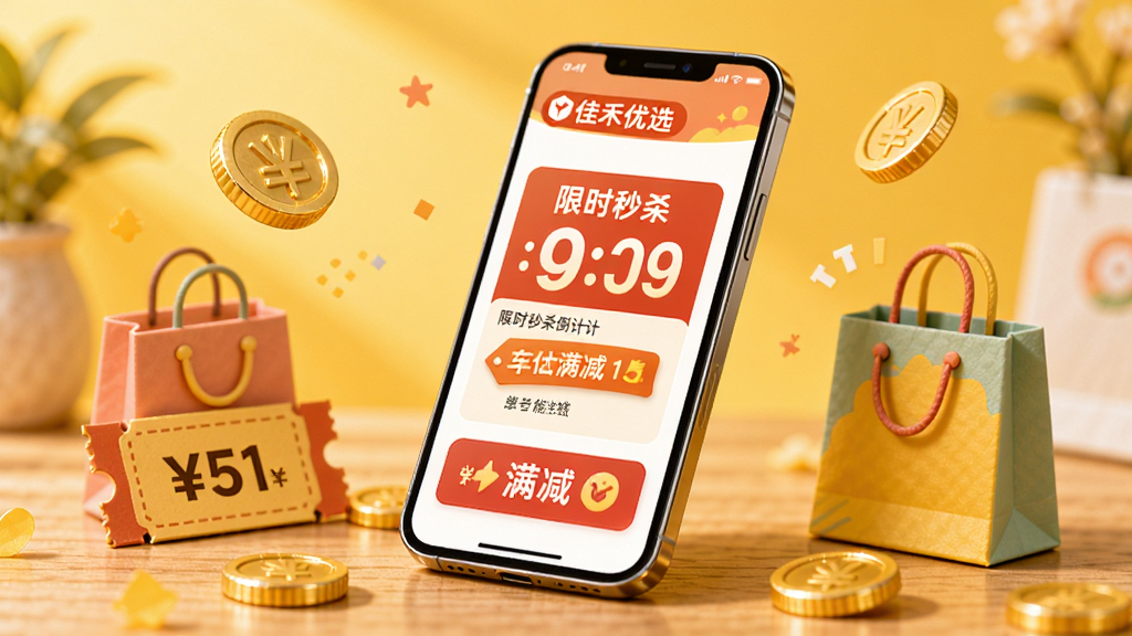佳禾优选优惠活动页面,画面中一部手机斜立在木质桌面上,屏幕显示限时秒杀倒计时和满减标签,周围散落着金币、折扣券和彩色购物袋模型。背景为暖黄色调,光线柔和,风格活泼温馨,细节丰富,画质干净,无多余装饰。