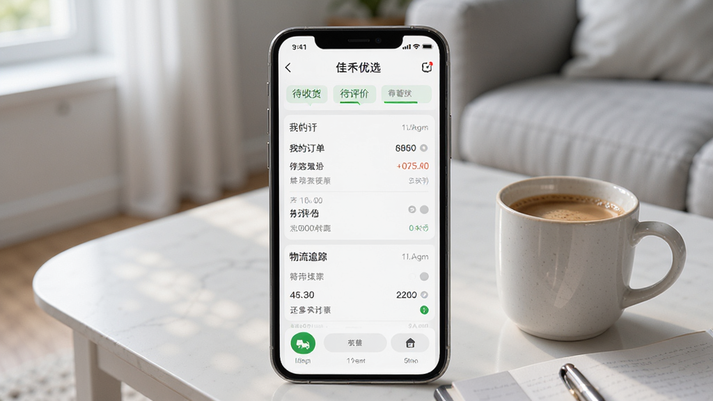 佳禾优选个人中心页面,手机屏幕显示我的订单列表和物流追踪界面,包含待收货、待评价等状态标签。背景为浅灰色居家环境,桌面上放着一杯咖啡,光线自然,风格生活化,细节清晰,画质干净,无多余元素。