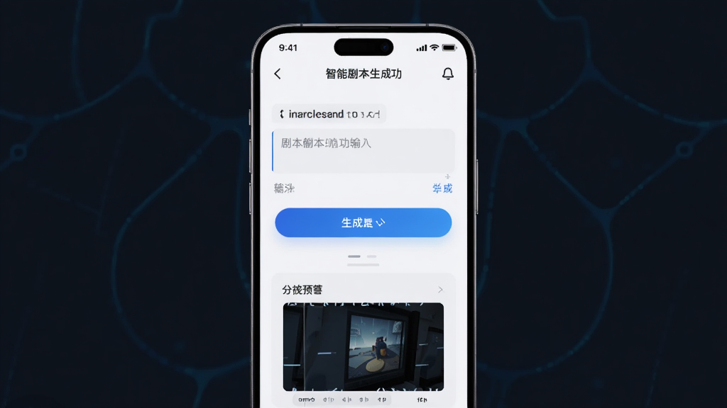 Deep漫剧短剧制作AI软件界面展示,手机屏幕中显示智能剧本生成功能,画面主体为一部智能手机,布局居中,排版简洁,风格为科技感UI展示,细节包括剧本输入框、生成按钮和分镜预览,画质清晰,干净,无多余元素