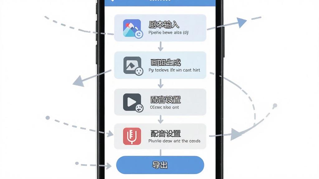 Deep漫剧短剧制作AI操作流程示意图,画面主体为手机屏幕展示四步操作流程,布局为纵向排列,排版清晰,风格为扁平化教程图示,细节包括剧本输入、画面生成、配音设置、导出按钮,画质清晰,干净,无多余元素