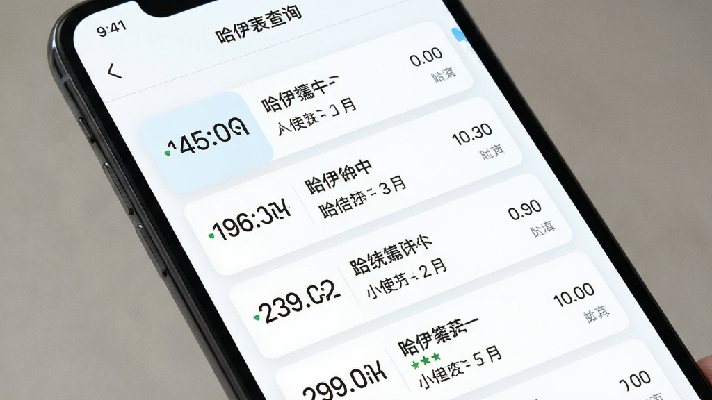 主体为一款手机应用界面特写,屏幕中央显示哈伊高铁时刻表查询结果列表,列表包含多个车次条目,布局为上下结构的卡片式设计,风格为清爽简约的移动端UI风格,细节包括时间数字清晰可读、站点名称排列整齐、背景为白色配合淡蓝色点缀,画质高清,干净,无多余元素