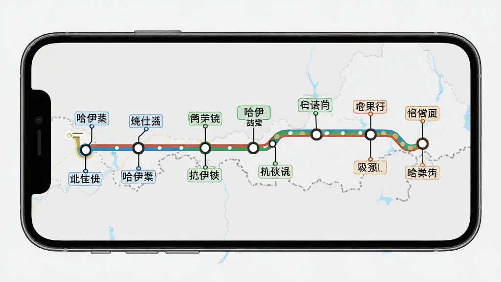 主体为手机屏幕展示哈伊高铁沿线站点地图,地图上标注多个站点圆点和连接线路,布局为横向延展的线路图样式,风格为信息图表风格,细节包括站点名称标签清晰、线路颜色区分明显、背景为浅灰色,画质高清,干净,无多余元素