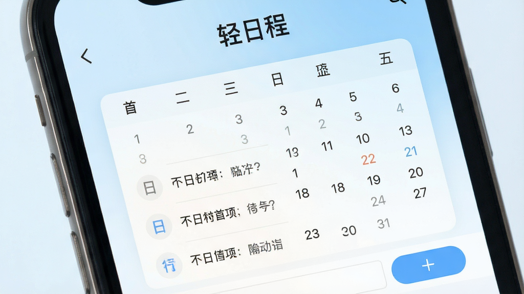 一张手机屏幕展示轻日程应用主界面的预览图,画面中央是简洁的日历视图,上方有