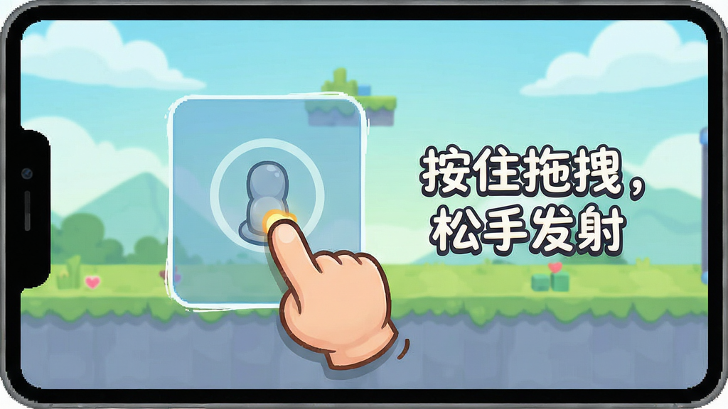 弹弹小队新手操作引导界面,画面中一只卡通手指向屏幕上的拖拽区域,旁边有文字提示“按住拖拽,松手发射”,背景是简洁的游戏教学关卡,风格清新友好,画质清晰干净,无多余元素