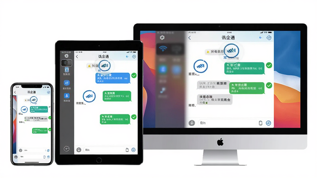 一张展示“讯企通”多端消息同步功能的图片,主体为三部不同尺寸的设备并排展示,分别显示手机、平板和电脑屏幕,屏幕中呈现相同的聊天界面和已读回执标记,布局为横向排列,风格为现代科技产品展示风,细节包括同步图标、消息气泡、已读双勾标识,画质清晰,画面干净,无多余元素