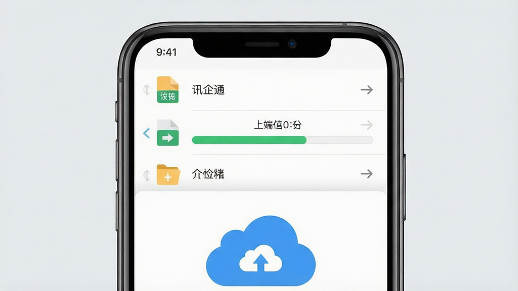一张展示“讯企通”文件传输与云端存储功能的图片,主体为手机屏幕特写,屏幕内显示文件列表和上传进度条,背景为淡灰色,布局为上下结构,上方为文件传输列表,下方为云端存储空间示意图,风格为扁平化办公工具风,细节包括文件类型图标、传输箭头、云朵存储符号,画质高清,画面干净,无多余元素