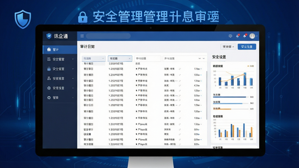 一张展示“讯企通”安全管理与消息审计功能的图片,主体为电脑端管理后台界面,屏幕内显示审计日志列表和安全设置选项,背景为深蓝色科技感渐变,布局为左右分栏,左侧为功能菜单,右侧为审计数据面板,风格为专业企业级管理后台风,细节包括盾牌图标、锁形标识、数据图表,画质清晰,画面干净,无多余元素