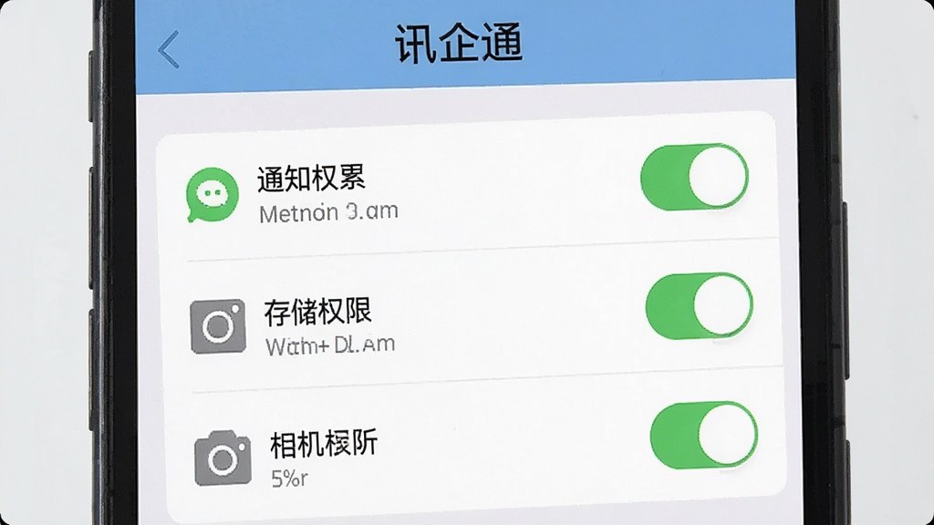 一张展示“讯企通”手机端安装权限设置界面的图片,主体为手机屏幕特写,屏幕内显示权限管理列表和开关按钮,背景为浅灰色,布局为上下排列,风格为简洁明了的操作指引风,细节包括通知权限、存储权限、相机权限的图标和状态标识,画质清晰,画面干净,无多余元素