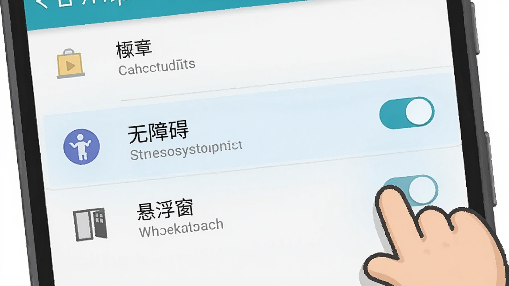 自动连点器!权限设置引导图,画面展示一部安卓手机的系统设置页面,高亮显示“无障碍”和“悬浮窗”两个选项,旁边有一个卡通手指正在点击开关,布局为手机屏幕特写,风格为扁平化插画,细节包括设置项的图标和文字说明,画质清晰,无多余背景
