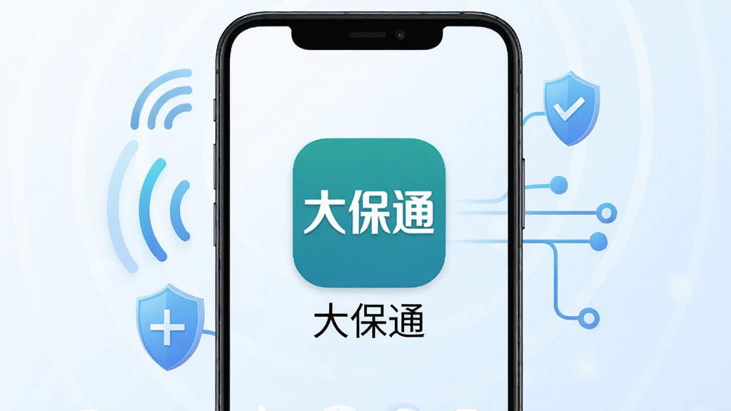 一张展示安卓手机主界面的竖版预览图,画面中央放置“大保通”应用图标,图标下方显示应用名称“大保通”,背景为干净的浅色渐变,手机周围环绕信号波纹、盾牌、连接线等通讯元素,整体风格简洁现代,排版居中,细节清晰,画质干净无多余元素