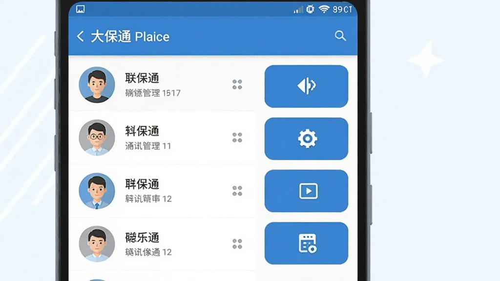一部安卓手机屏幕中显示“大保通”通讯管理界面,左侧为联系人列表,右侧为快捷操作按钮,画面采用扁平化插画风格,主色调为蓝白搭配,布局整洁,文字清晰,画质干净,无多余装饰元素