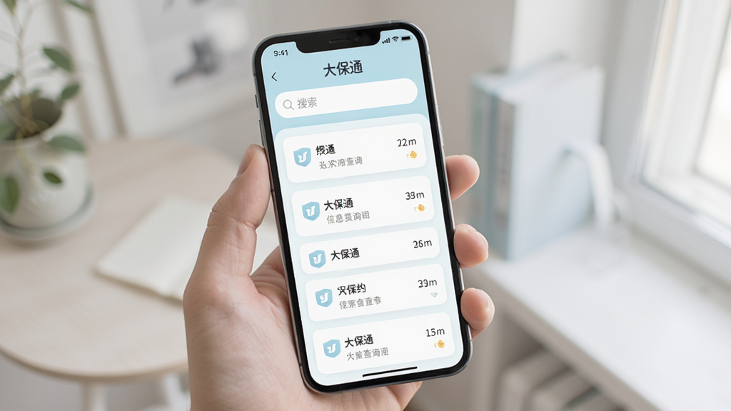 手机屏幕中展示“大保通”信息查询结果页面,页面顶部有搜索框,下方为条目式结果列表,整体采用卡片式布局,配色柔和,文字排版整齐,风格清新浅色,画质干净,无多余元素
