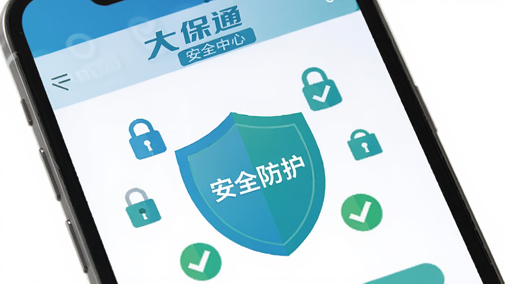 一部手机屏幕中显示“大保通”安全中心页面,页面中央有一枚盾牌图标,盾牌上写有“安全防护”字样,周围环绕锁形和勾选图标,风格简洁扁平,配色以蓝绿为主,画质干净,无多余元素
